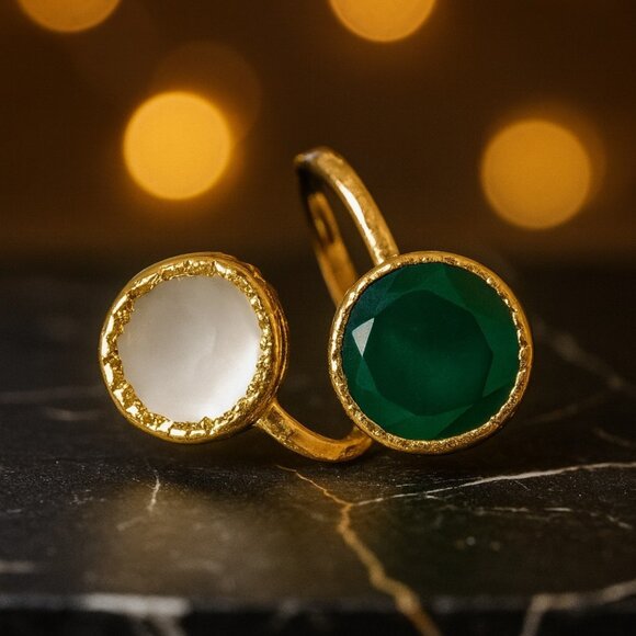 🆕️Turkish Artisan Genuine Emerald & Glass Pearl Adjustable Ring 18K Gold Plated - Picture 8 of 13